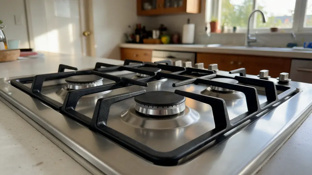 Installed stainless steel gas cooktop in a residential kitchen