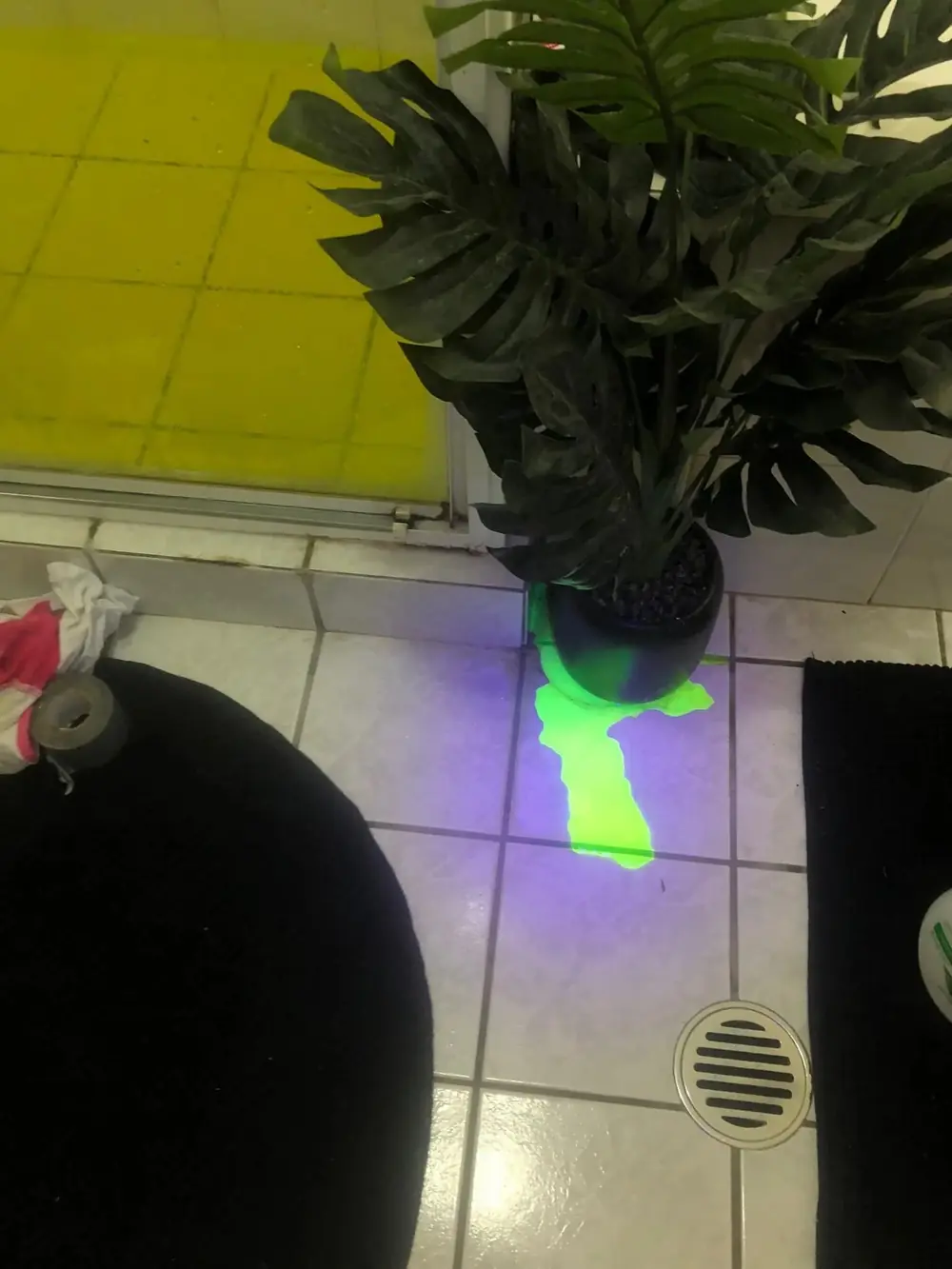 Fluorescent tracing dye revealing a water leak on a tiled floor