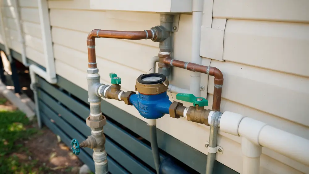 Outdoor residential water meter, valves and copper pipework